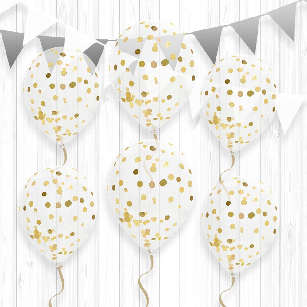 6 Ballons Transparents 30 cm avec Confettis Dorés