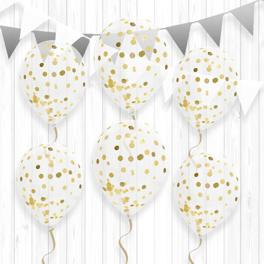 6 Ballons Transparents 30 cm avec Confettis Dorés