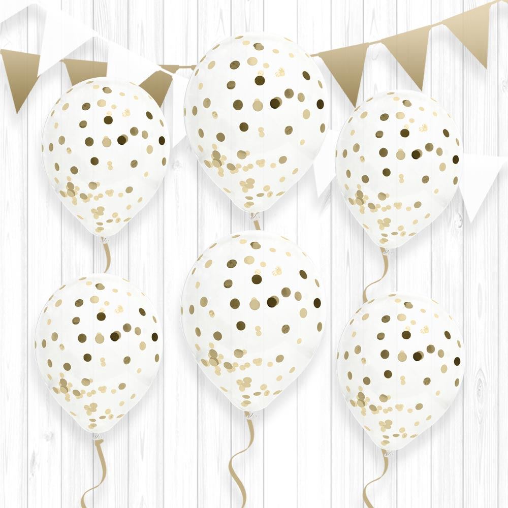 6 Ballons Transparents 30 cm avec Confettis Or