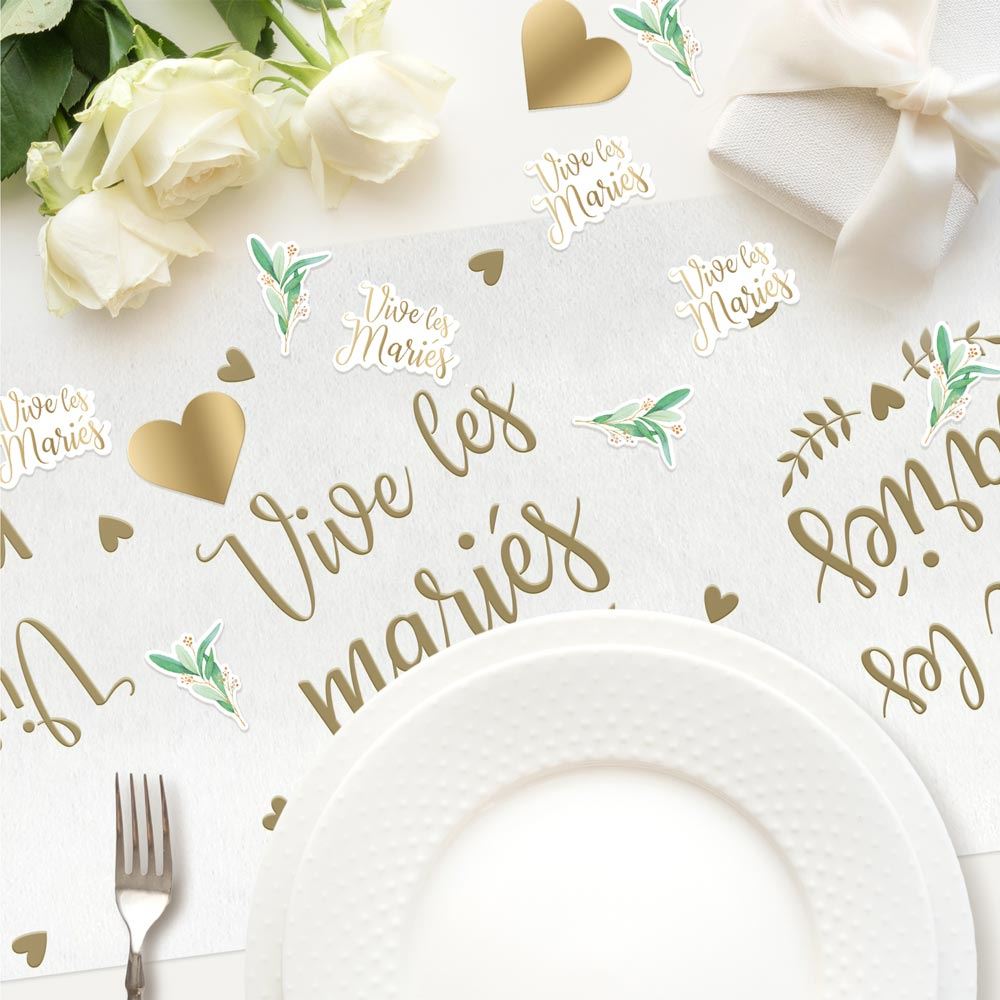Chemin de Table Mariage – 4 m Blanc avec Cœurs Dorés et "Vive les Mariés"