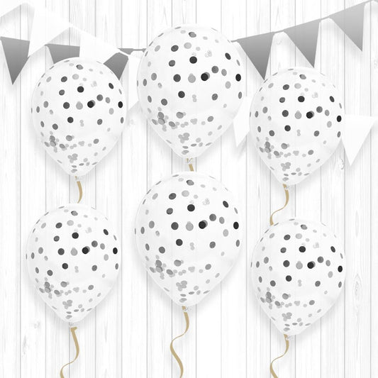 6 Ballons Transparents 30 cm avec Confettis Argentés