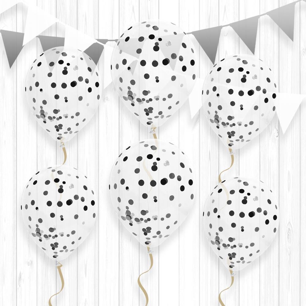 6 Ballons Transparents 30 cm avec Confettis Noirs