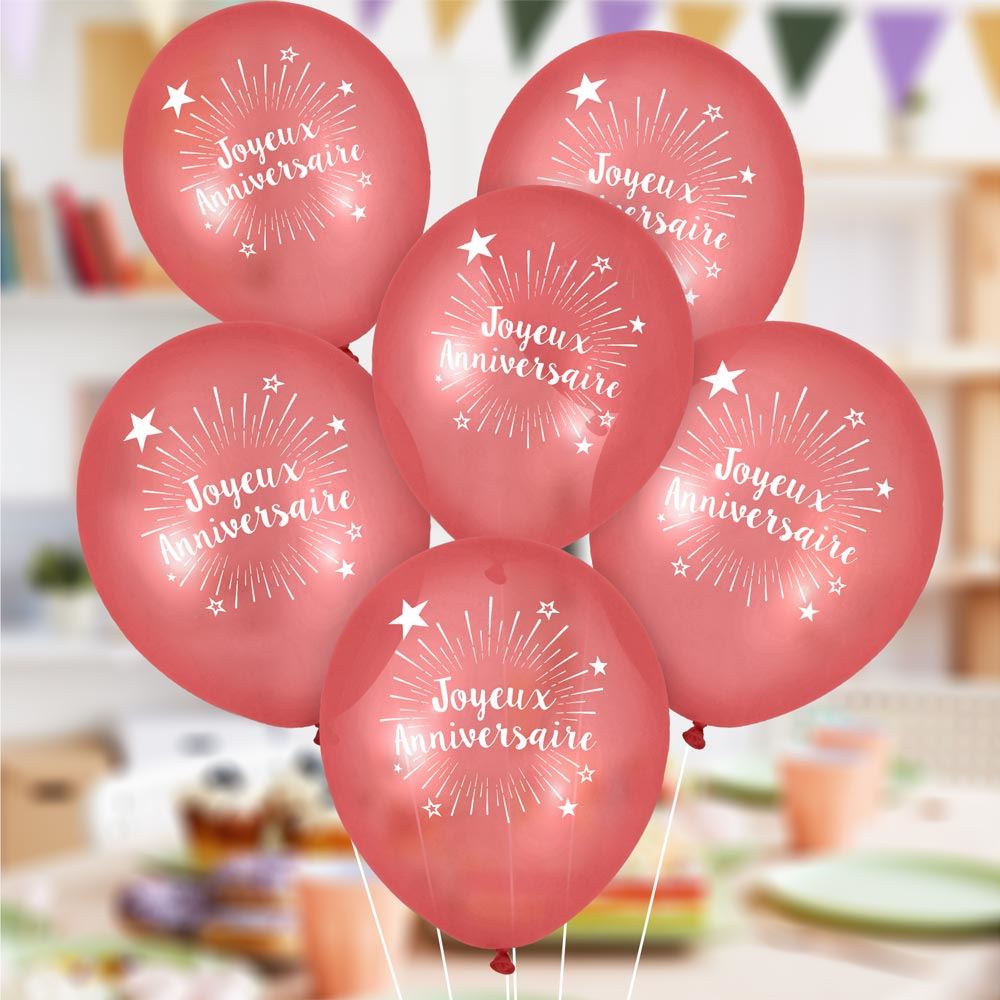 6 Ballons "Joyeux Anniversaire" Rouge 30 cm en latex biodégradable