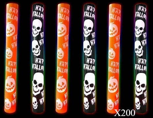 Lot de 200 Bâtons Lumineux LED en Mousse Halloween Multicolores 47cm (Citrouilles & Crânes)