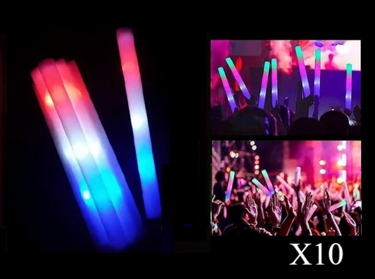 Lot de 10 Bâtons Lumineux LED en Mousse Tricolores France 47cm (Bleu, Blanc, Rouge)