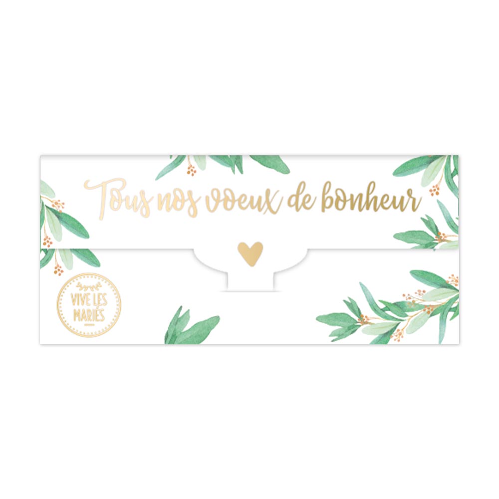 Carte Porte-Billet Mariage – Blanche avec Effet Doré "Tous Nos Vœux de Bonheur"
