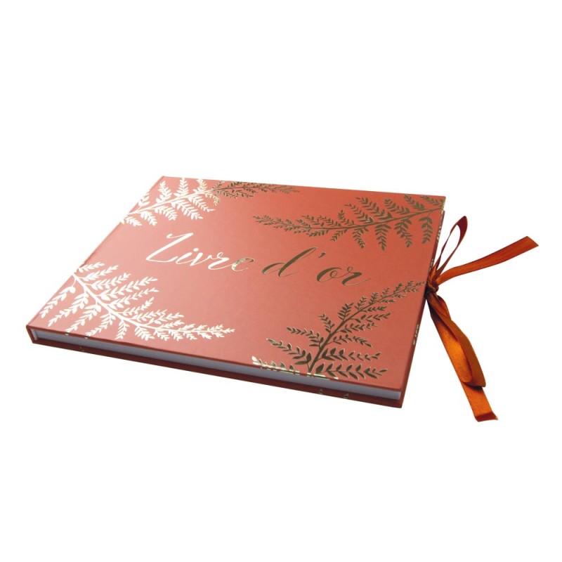 Livre d'Or Mariage rouge et Or – Motif Fougère avec Rubans  - 80 pages